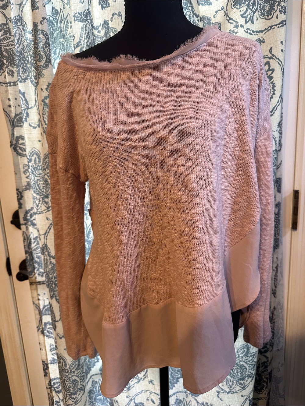 Deletta Blush Pink Off-Shoulder Knit Sweater with Chiffon Trim